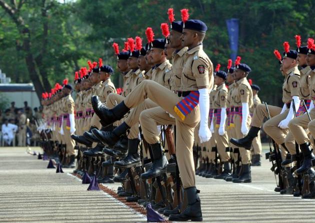 SRPF cadets marching in formation during passing out parade in Pune. (HT PHOTO)