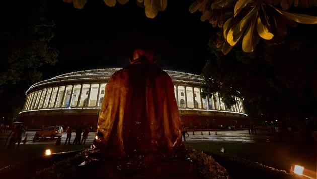 An illuminated Parliament ahead of midnight launch of 'Goods and Services Tax (GST)' in New Delhi on Saturday.(PTI)