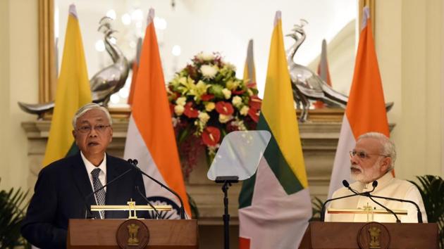 President of Myanmar Htin Kyaw with Prime Minister Narendra Modi at Hyderabad House in New Delhi, in August, 2016. (HT File Photo) President of Myanmar Htin Kyaw with Prime Minister Narendra Modi at Hyderabad House in New Delhi, in August, 2016. (HT File Photo)