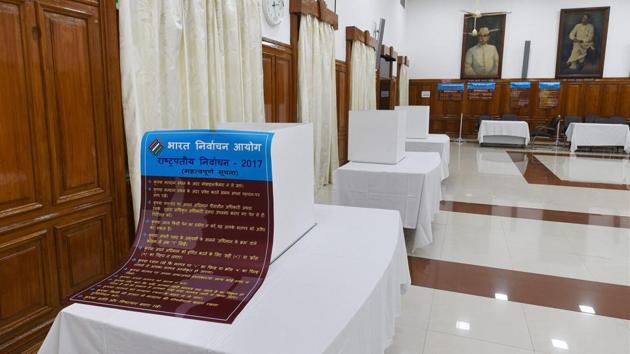 Polling booth for July 17 presidential elections in Tilak Hall of UP Assembly building. (PTI Photo) Polling booth for July 17 presidential elections in Tilak Hall of UP Assembly building. (PTI Photo)