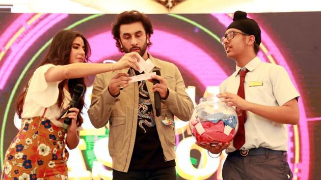 Ranbir Kapoor and Katrina Kaif during a programme to promote Jagga Jasoos in Mumbai.(IANS)