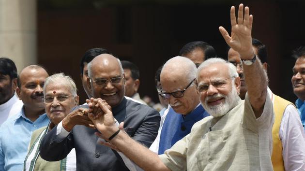 NDA presidential nominee Ram Nath Kovind with Prime Minister Narendra Modi, veteran leaders L K Advani, Murli Manohar Joshi going to file his nomination papers in Parliament in New Delhi, India, on Friday, June 23, 2017. (Vipin Kumar/ Hindustan Times) NDA presidential nominee Ram Nath Kovind with Prime Minister Narendra Modi, veteran leaders L K Advani, Murli Manohar Joshi going to file his nomination papers in Parliament in New Delhi, India, on Friday, June 23, 2017. (Vipin Kumar/ Hindustan Times)