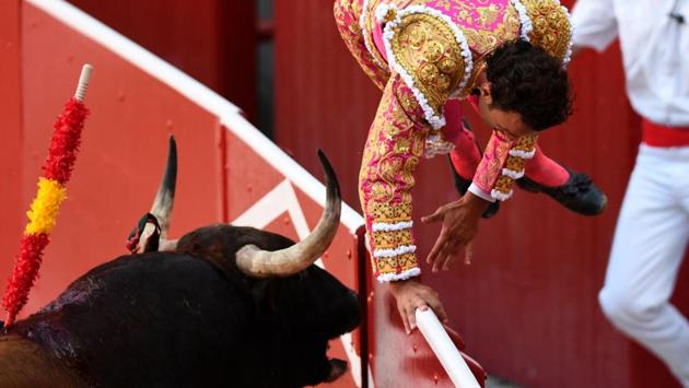 Spanish matador Antonio Ferrera jumps over a berrier as he is chased by a Nunez del Cuvillo's fighting bull during the seventh bullfight of the San Fermin Festival in Pamplona. (MIGUEL RIOPA/AFP) Spanish matador Antonio Ferrera jumps over a berrier as he is chased by a Nunez del Cuvillo's fighting bull during the seventh bullfight of the San Fermin Festival in Pamplona. (MIGUEL RIOPA/AFP)