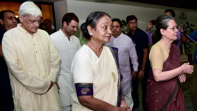 Congress president Sonia Gandhi with presidential candidate Meira Kumar and vice-presidential candidate Gopal Krishna Gandhi after the UPA meeting in New Delhi on Sunday. (PTI) Congress president Sonia Gandhi with presidential candidate Meira Kumar and vice-presidential candidate Gopal Krishna Gandhi after the UPA meeting in New Delhi on Sunday. (PTI)