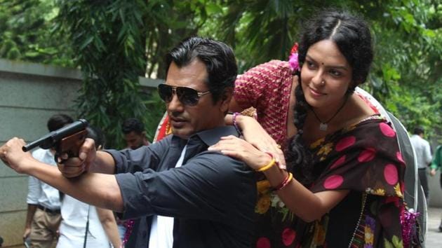 Nawazuddin Siddiqui and Bidita Bag during the trailer launch of Babumoshai Bandookbaaz in Mumbai.(IANS)