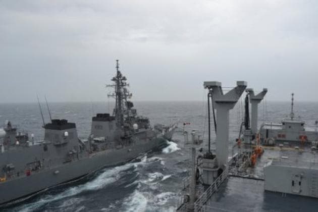 EF Support ship INS Jyoti at Sea Ops with Japan’s JS Sazanami and US Navy’s USS Shoup.(Indian Navy Twitter)