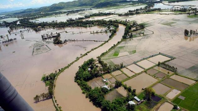 An aerial view of the flood affected areas in Imphal, Manipur.  The state  has been suffering from flash floods and landslides due to intense rainfall in the state after Cyclone Mora, which hit the state in May this year. (PTI) 