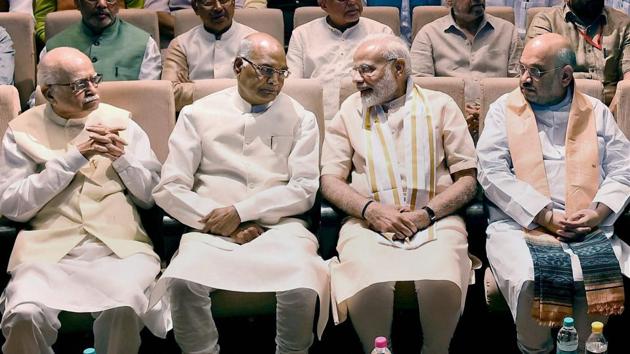 NDA Presidential candidate Ram Nath Kovind seen with Prime Minister Narendra Modi, BJP President Amit Shah and BJP Senior leader LK Advani at the NDA meeting in New Delhi on Sunday. Optimistic about the results of today’s polls, Prime Minister Narendra Modi has said NDA’s nominee Ram Nath Kovind has the support of 40 parties, predicting an easy win for the NDA. (Kamal Singh/PTI) NDA Presidential candidate Ram Nath Kovind seen with Prime Minister Narendra Modi, BJP President Amit Shah and BJP Senior leader LK Advani at the NDA meeting in New Delhi on Sunday. Optimistic about the results of today’s polls, Prime Minister Narendra Modi has said NDA’s nominee Ram Nath Kovind has the support of 40 parties, predicting an easy win for the NDA. (Kamal Singh/PTI)