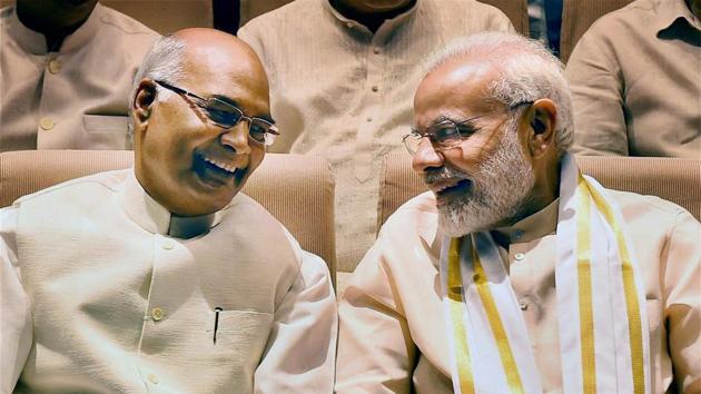 NDA’s presidential candidate Ram Nath Kovind and Prime Minister Narendra Modi at an NDA meeting in New Delhi on Sunday. (PTI) NDA’s presidential candidate Ram Nath Kovind and Prime Minister Narendra Modi at an NDA meeting in New Delhi on Sunday. (PTI)