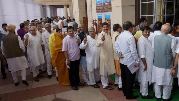 Members wait to cast their votes for the election of the President at Parliament in New Delhi on Monday.(PTI) Members wait to cast their votes for the election of the President at Parliament in New Delhi on Monday.(PTI)