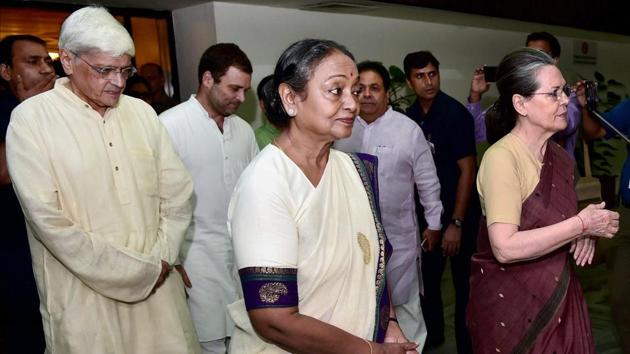 Congress President Sonia Gandhi with presidential candidate Meira Kumar and vice-presidential candidate Gopal Krishna Gandhi after the UPA meeting in New Delhi on Sunday. Congress chief Sonia Gandhi described on Sunday the contest as a fight against a ‘narrow-minded, divisive and communal vision’, adding that despite numbers being against them ‘the battle must be fought and fought hard’. (Manvender Vashist/PTI) Congress President Sonia Gandhi with presidential candidate Meira Kumar and vice-presidential candidate Gopal Krishna Gandhi after the UPA meeting in New Delhi on Sunday. Congress chief Sonia Gandhi described on Sunday the contest as a fight against a ‘narrow-minded, divisive and communal vision’, adding that despite numbers being against them ‘the battle must be fought and fought hard’. (Manvender Vashist/PTI)