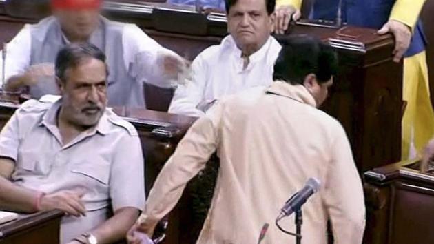 A TV grab of BSP chief Mayawati walking out of the Rajya Sabha in New Delhi on Tuesday. (PTI) A TV grab of BSP chief Mayawati walking out of the Rajya Sabha in New Delhi on Tuesday. (PTI)