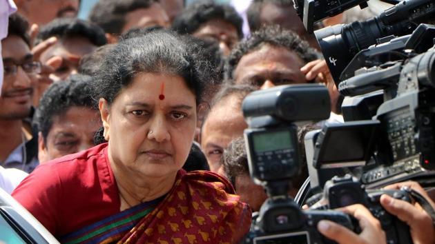 VK Sasikala at Jayalalithaa's shrine at Marina beach in Chennai before leaving to Bengaluru for appearing in front of court. (PTI File Photo) VK Sasikala at Jayalalithaa's shrine at Marina beach in Chennai before leaving to Bengaluru for appearing in front of court. (PTI File Photo)