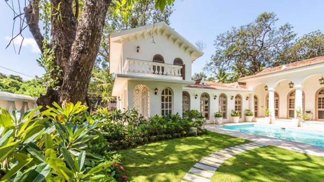 Semi-?covered verandas and courtyards at Isprava’s Villa Evora in Goa.