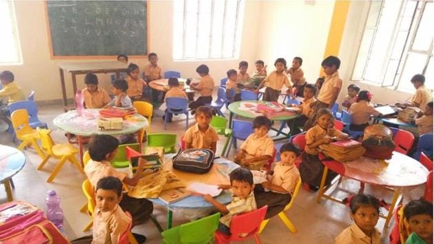Classrooms of Girls’ Upper Primary School in Alwar’s Shivaji Park were spruced up, walls painted in bright colours and new furniture added(HT Photo)