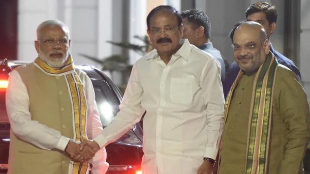 Prime Minister Narendra Modi greets M Venkaiah Naidu after he was named the NDA’s vice-presidential candidate by BJP president Amit Shah on July 17. The election will be held on August 5. (Vipin Kumar/HT Photo) Prime Minister Narendra Modi greets M Venkaiah Naidu after he was named the NDA’s vice-presidential candidate by BJP president Amit Shah on July 17. The election will be held on August 5. (Vipin Kumar/HT Photo)