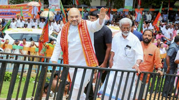 BJP national president Amit Shah with BJP state president Kummanam Rajasekharan, Thiruvananthapuram, June 3(PTI) BJP national president Amit Shah with BJP state president Kummanam Rajasekharan, Thiruvananthapuram, June 3(PTI)