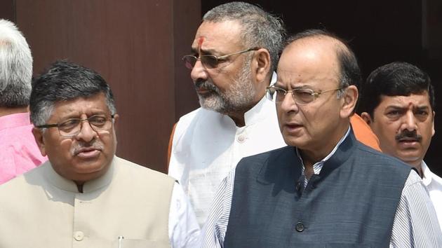 Union Finance Minister Arun Jaitley with Minister for Information Technology Ravi Shankar Prasad and MoS Giriraj Singh after the BJP parliamentary party meeting, in New Delhi on Wednesday. (PTI) Union Finance Minister Arun Jaitley with Minister for Information Technology Ravi Shankar Prasad and MoS Giriraj Singh after the BJP parliamentary party meeting, in New Delhi on Wednesday. (PTI)
