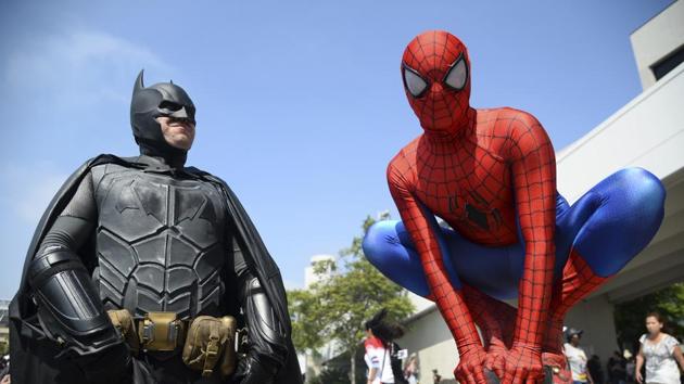 Dorian Black, left, dressed as Batman and Kyle Blankenfield, dressed as Spider-Man appear outside during Comic-Con International in San Diego. (Powers Imagery/Invision/AP) Dorian Black, left, dressed as Batman and Kyle Blankenfield, dressed as Spider-Man appear outside during Comic-Con International in San Diego. (Powers Imagery/Invision/AP)