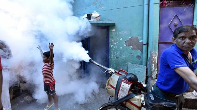 A worker fumigates as part of awareness campaign for dengue and chikungunya at Khurezi in East Delhi.(HT File Photo) A worker fumigates as part of awareness campaign for dengue and chikungunya at Khurezi in East Delhi.(HT File Photo)