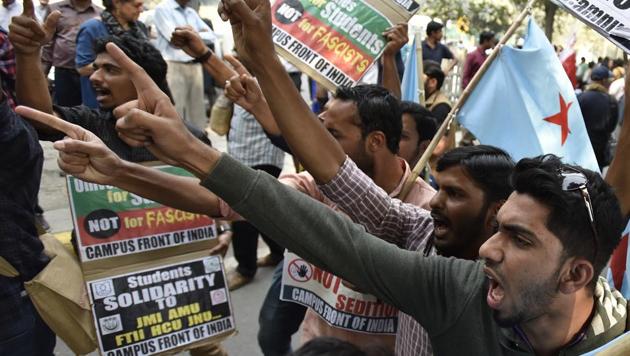 Demonstrators shout slogans as they hold placards during a protest demanding the release of Kanhaiya Kumar, a Jawaharlal Nehru University (JNU) student union leader accused of sedition and support of Umar Khalid and Anirban Bhattacharya who faced charges of sedition, in New Delhi on March 2, 2016.(HT File Photo) Demonstrators shout slogans as they hold placards during a protest demanding the release of Kanhaiya Kumar, a Jawaharlal Nehru University (JNU) student union leader accused of sedition and support of Umar Khalid and Anirban Bhattacharya who faced charges of sedition, in New Delhi on March 2, 2016.(HT File Photo)
