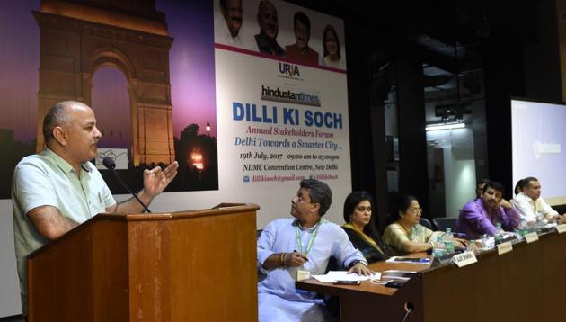 Delhi Deputy Chief Minister Manish Sisodia speaks at ’DILLI KI SOCH’, an annual forum on problems that Delhi faces. Delhi water minister Rajendra Pal Gautam also spoke at the meet. He said water and treatment plants may become mandatory for new buildings. (Arvind Yadav/HT Photo) Delhi Deputy Chief Minister Manish Sisodia speaks at ’DILLI KI SOCH’, an annual forum on problems that Delhi faces. Delhi water minister Rajendra Pal Gautam also spoke at the meet. He said water and treatment plants may become mandatory for new buildings. (Arvind Yadav/HT Photo)