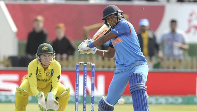 India's Harmanpreet Kaur plays a shot during the ICC Women's World Cup 2017 semifinal match against Australia at County Ground in Derby, England.(AP)