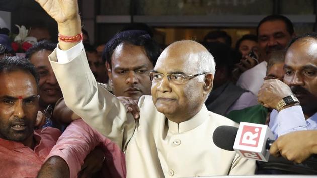 Ram Nath Kovind waves to media at the New Delhi airport. The 71-year-old becomes the 14th President of India having defeated Opposition’s Meira Kumar.(AP File Photo)