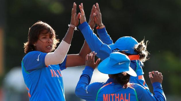 India's Jhulan Goswami celebrates taking the wicket of Australia's Alyssa Healy during their ICC Women’s Cricket World Cup 2017. Get full cricket score and live updates of India vs Australia here(Action Images via Reuters)