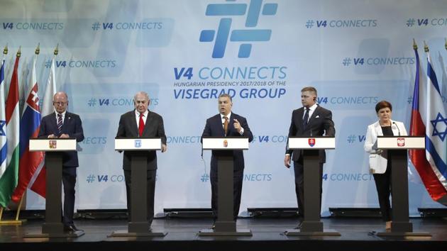 Israel’s Prime Minister Benjamin Netanyahu (second left) with the Visegrad Group (V4) of Prime Ministers at a news conference in Budapest. (REUTERS) Israel’s Prime Minister Benjamin Netanyahu (second left) with the Visegrad Group (V4) of Prime Ministers at a news conference in Budapest. (REUTERS)