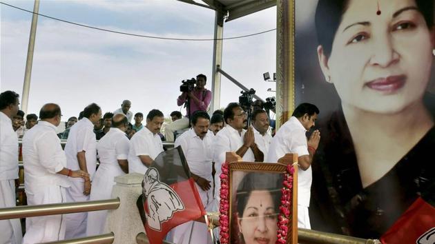 Tamil Nadu chief minister K Palaniswami and other cabinet ministers pay homage to late AIADMK leader J Jayalalithaa at her memorial following the end of Assembly Session in Chennai on July 19, 2017. (PTI File Photo) Tamil Nadu chief minister K Palaniswami and other cabinet ministers pay homage to late AIADMK leader J Jayalalithaa at her memorial following the end of Assembly Session in Chennai on July 19, 2017. (PTI File Photo)