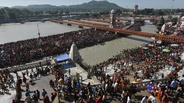 Occurring in the Hindu month of Savan, the journey of the Kanwariya revolves around the kanwar, traditionally a bamboo pole with urns containing water from the River Ganga which is transported by the pilgrims from holy sites such as Haridwar, Gangotri and Gaumukh as an offering to the Shiva temple back home. The aim of the pilgrimage is to chant the name of Bholenath (a name for Shiva meaning Lord of the innocent) and return without spilling a drop of the water. (Vipin Kumar / HT Photo) 