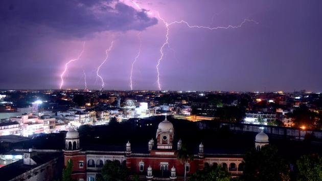 A lightning strike is observed during a storm above the city’s skyline in Jabalpur. (PTI) A lightning strike is observed during a storm above the city’s skyline in Jabalpur. (PTI)