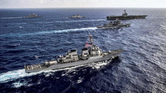 Ships during the sea phase of tri-Nation Malabar 2017 Exercise comprising India, Japan and US navies, in Bay of Bengal off the coast of Chennai. (PTI) Ships during the sea phase of tri-Nation Malabar 2017 Exercise comprising India, Japan and US navies, in Bay of Bengal off the coast of Chennai. (PTI)
