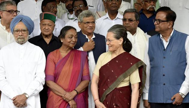 Meira Kumar with Opposition leaders at Parliament during filing of her nominations for the presidential poll.(HT File Photo)