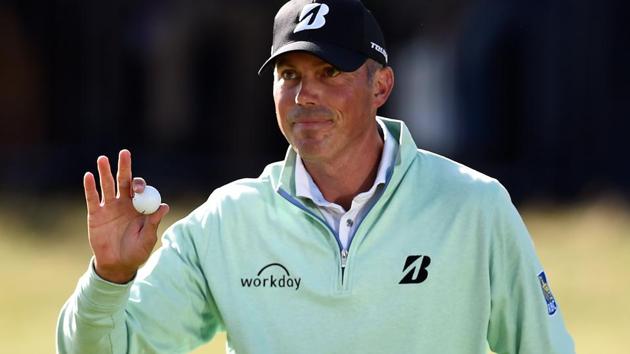 USA’s Matt Kuchar acknowledges the crowd on the 18th green after completing his first round at the British Open. (REUTERS) USA’s Matt Kuchar acknowledges the crowd on the 18th green after completing his first round at the British Open. (REUTERS)