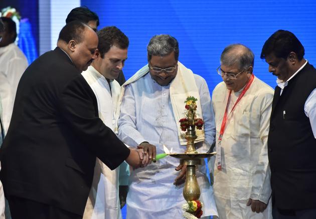 Rahul Gandhi, flanked by Martin Luther King III and Karnataka chief minister Siddaramaiah and Prakash Ambedkar grandson of Dr BR Ambedkar at the inauguration of the Dr B R Ambedkar International Conference in Bengaluru on Friday. (Arijit Sen/HT Photo) Rahul Gandhi, flanked by Martin Luther King III and Karnataka chief minister Siddaramaiah and Prakash Ambedkar grandson of Dr BR Ambedkar at the inauguration of the Dr B R Ambedkar International Conference in Bengaluru on Friday. (Arijit Sen/HT Photo)