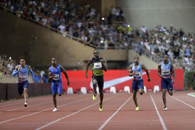 Usain Bolt clocked under 10 seconds for the first time this season, winning gold in 9.95 seconds. (AP) Usain Bolt clocked under 10 seconds for the first time this season, winning gold in 9.95 seconds. (AP)