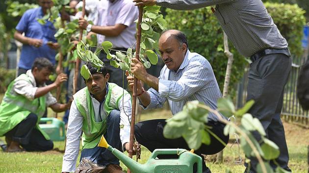 NDMC chairman Naresh Kumar plants a sapling at Ravinder Nagar, New Delhi, on Saturday,(Raj K Raj/HT Photo) NDMC chairman Naresh Kumar plants a sapling at Ravinder Nagar, New Delhi, on Saturday,(Raj K Raj/HT Photo)