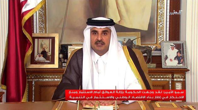 Qatar Emir Sheikh Tamim bin Hamad Al Thani delivers a speech on July 21, 2017 — his first televised speech since the dispute between Qatar and four Arab nations began. (AP) Qatar Emir Sheikh Tamim bin Hamad Al Thani delivers a speech on July 21, 2017 — his first televised speech since the dispute between Qatar and four Arab nations began. (AP)