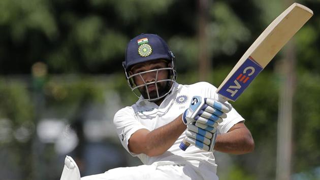Rohit Sharma, making a comeback to India’s Test squad after a gap of eight months, hit 38 off 49. (AP) Rohit Sharma, making a comeback to India’s Test squad after a gap of eight months, hit 38 off 49. (AP)