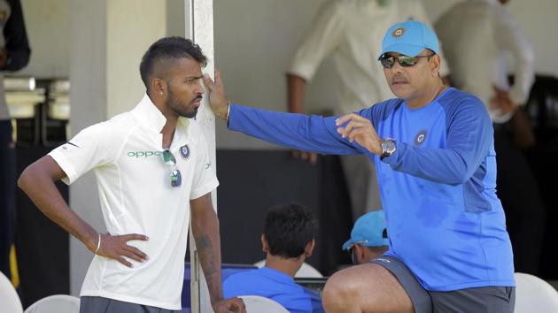 Ravi Shastri was seen giving tips to all-rounder Hardik Pandya. India’s three-Test series against Sri Lanka begins July 26. (AP) Ravi Shastri was seen giving tips to all-rounder Hardik Pandya. India’s three-Test series against Sri Lanka begins July 26. (AP)