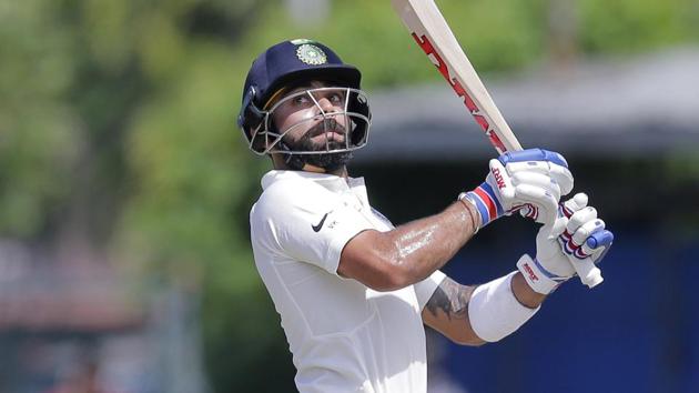 Kohli and Ajinkya Rahane resumed batting on 30 and 34, respectively. It was Kohli who first took the game to the hosts at first as he smashed Lahiru Gamage for consecutive boundaries in the third over of the day. (AP) Kohli and Ajinkya Rahane resumed batting on 30 and 34, respectively. It was Kohli who first took the game to the hosts at first as he smashed Lahiru Gamage for consecutive boundaries in the third over of the day. (AP)