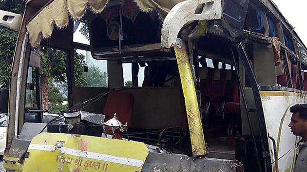 The mangled remains of the bus that met with an accident in Udaipur. (HT Photo) The mangled remains of the bus that met with an accident in Udaipur. (HT Photo)