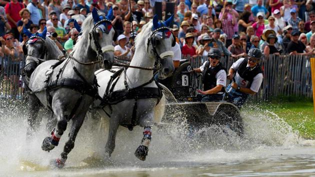 Czech rider Jiri Nesvacil leads his horses through an obstacle during the Marathon driving competition for four-in-hand drivers during the World Equestrian Festival CHIO in Aachen Germany. (PATRIK STOLLARZ / AFP) Czech rider Jiri Nesvacil leads his horses through an obstacle during the Marathon driving competition for four-in-hand drivers during the World Equestrian Festival CHIO in Aachen Germany. (PATRIK STOLLARZ / AFP)