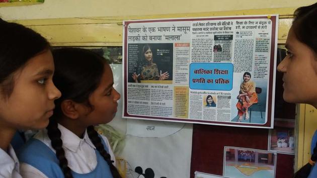 tudents of Nutan Girls Higher Secondary School in Bhopal look at a poster of youngest Nobel prize laureate Malala Yousafzai on notice board. (Mujeeb Faruqui/Hindustan Times) tudents of Nutan Girls Higher Secondary School in Bhopal look at a poster of youngest Nobel prize laureate Malala Yousafzai on notice board. (Mujeeb Faruqui/Hindustan Times)