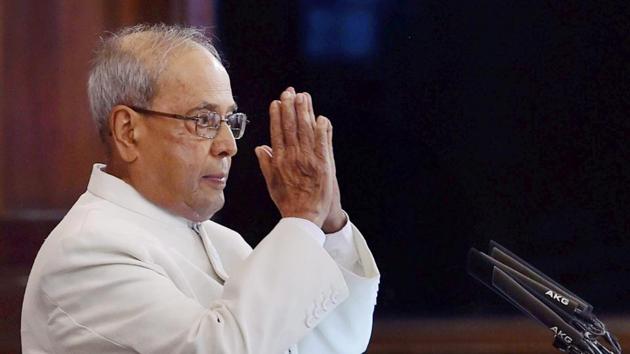 President Pranab Mukherjee gestures after his speech during his farewell ceremony in the Central Hall of Parliament in New Delhi on Sunday. (PTI Photo) President Pranab Mukherjee gestures after his speech during his farewell ceremony in the Central Hall of Parliament in New Delhi on Sunday. (PTI Photo)