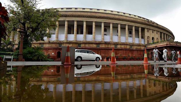 A view of Parliament after heavy rains in New Delhi on Sunday.(PTI)