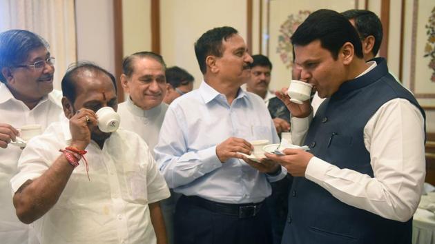 Chief minister Devendra Fadnavis at the customary tea party at Sahyadri Guest House at Malabar Hill on Sunday.(Pratik Chorge/HT)