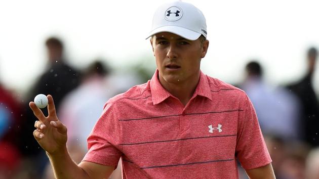 Jordan Spieth reacts after holing his birdie putt on the 15th green during the third round of the British Open. (REUTERS) Jordan Spieth reacts after holing his birdie putt on the 15th green during the third round of the British Open. (REUTERS)